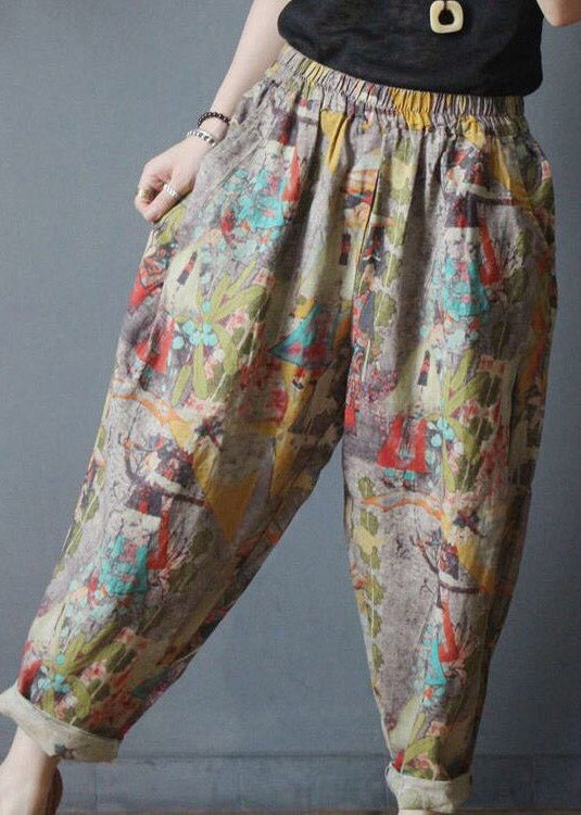 Loose Pockets Elastic Waist Print Linen Harem Pants Summer