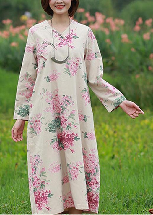 Loose Print Clothes V Neck Chinese Button Robes Spring Dress - Omychic