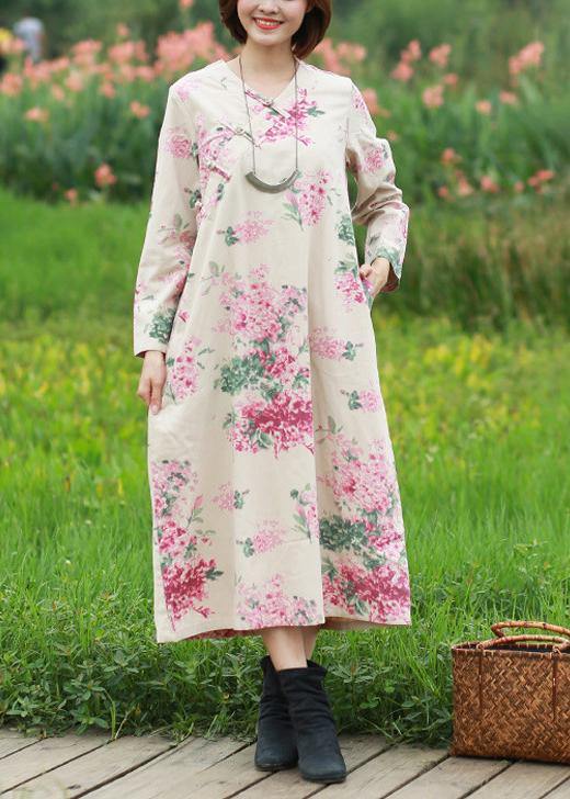 Loose Print Clothes V Neck Chinese Button Robes Spring Dress - Omychic