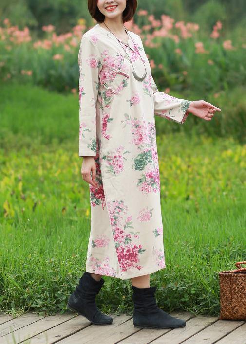 Loose Print Clothes V Neck Chinese Button Robes Spring Dress - Omychic