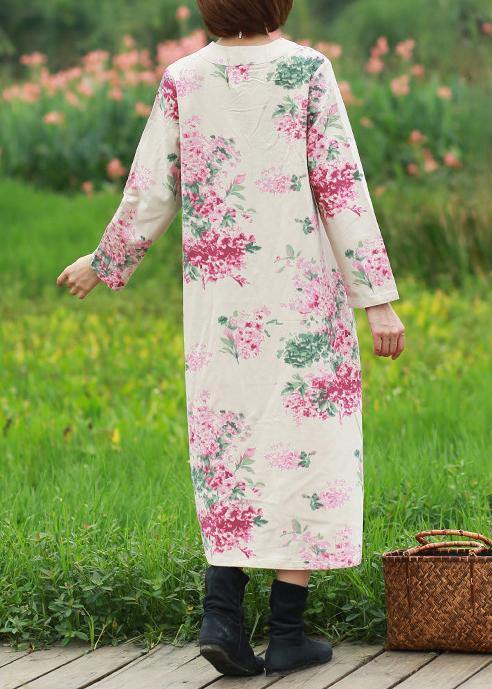 Loose Print Clothes V Neck Chinese Button Robes Spring Dress - Omychic