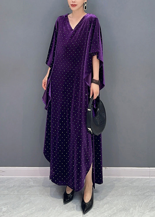 Loose Purple Asymmetrical Dot Patchwork Velour Long Dresses Fall