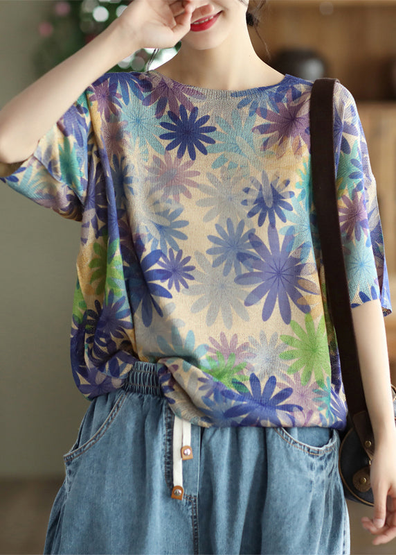 Loose Purple O Neck Print Cozy Cotton Knit Top Summer