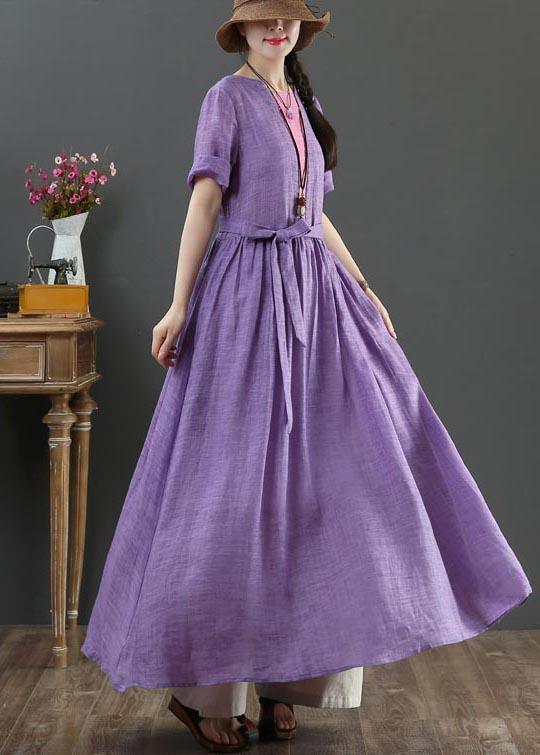 Loose Purple Patchwork Bow Summer Linen Dress - Omychic