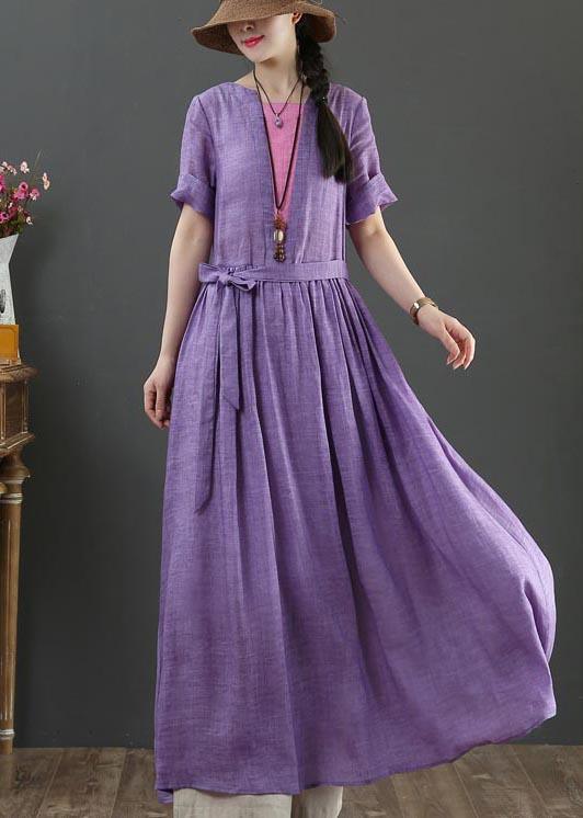 Loose Purple Patchwork Bow Summer Linen Dress - Omychic