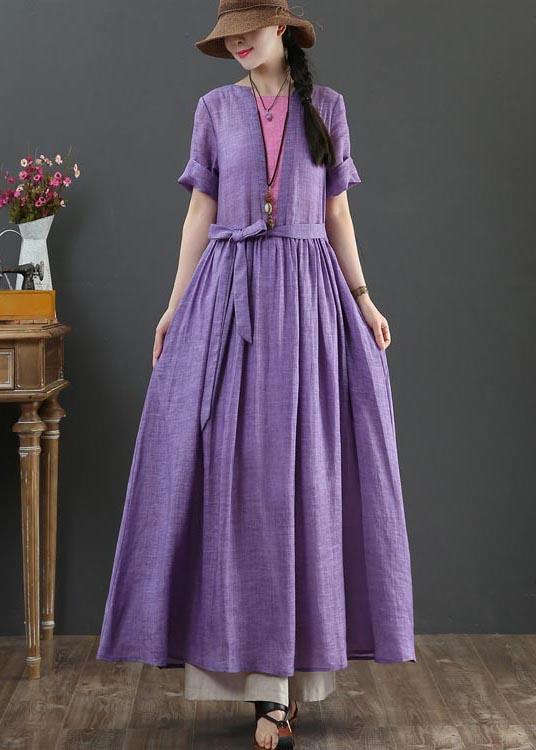 Loose Purple Patchwork Bow Summer Linen Dress - Omychic