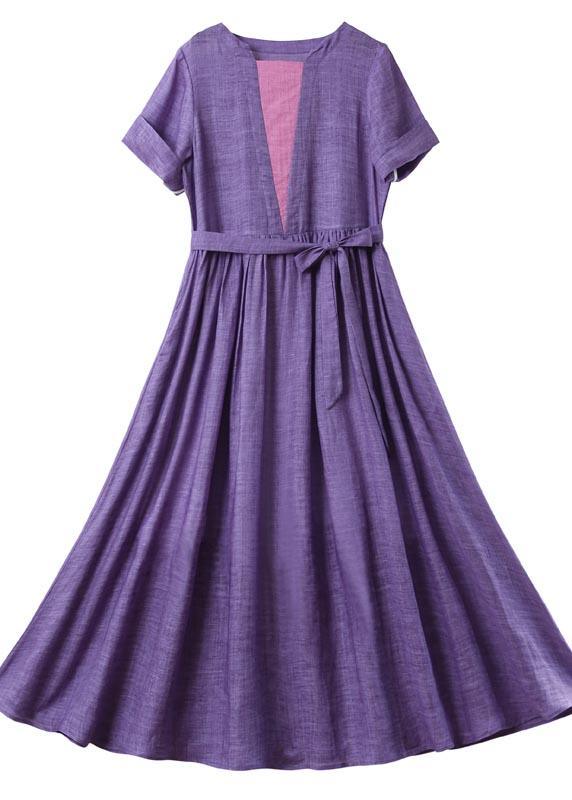 Loose Purple Patchwork Bow Summer Linen Dress - Omychic