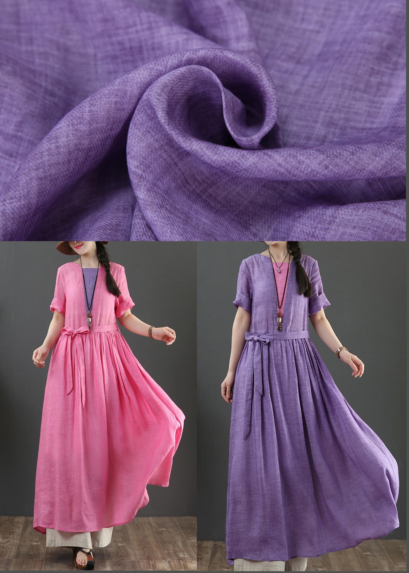 Loose Purple Patchwork Bow Summer Linen Dress - Omychic