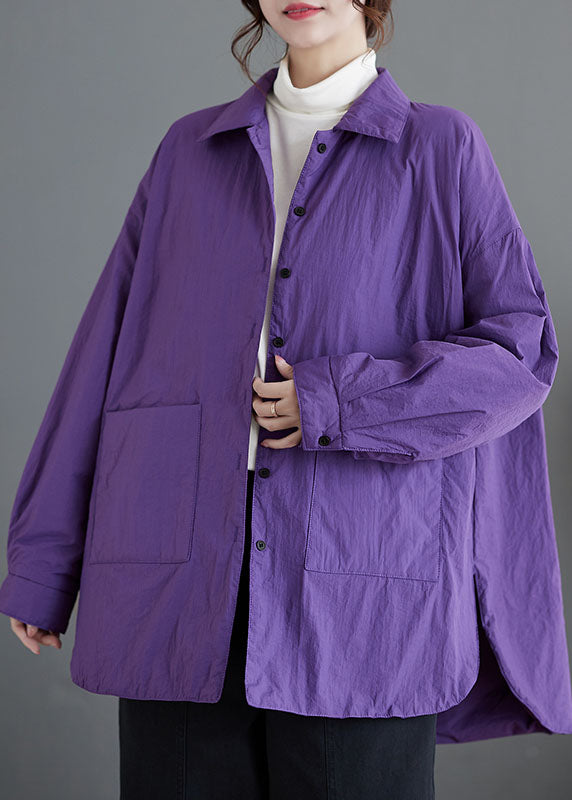 Loose Purple Peter Pan Collar Pockets Patchwork Parkas Coats Long Sleeve