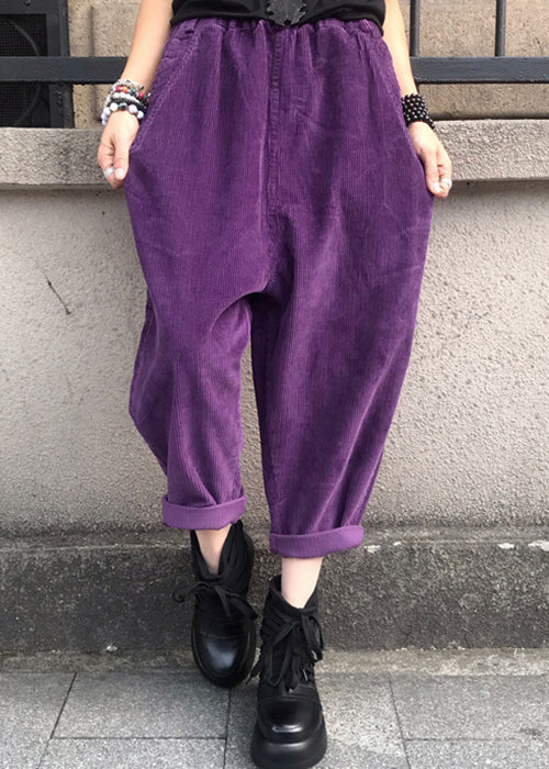 Loose Purple Pockets Elastic Waist Corduroy Crop Pants Fall