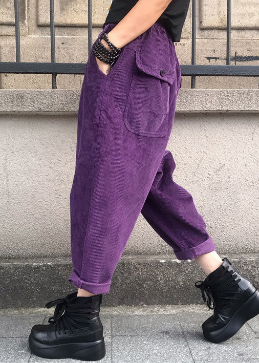 Loose Purple Pockets Elastic Waist Corduroy Crop Pants Fall