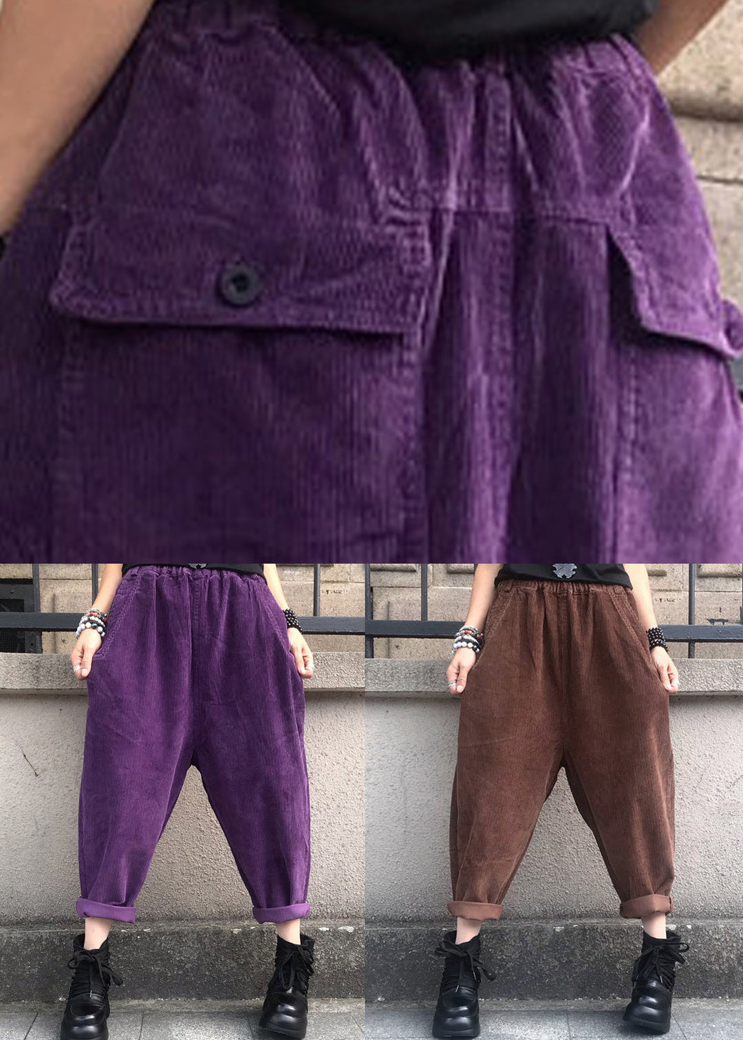 Loose Purple Pockets Elastic Waist Corduroy Crop Pants Fall
