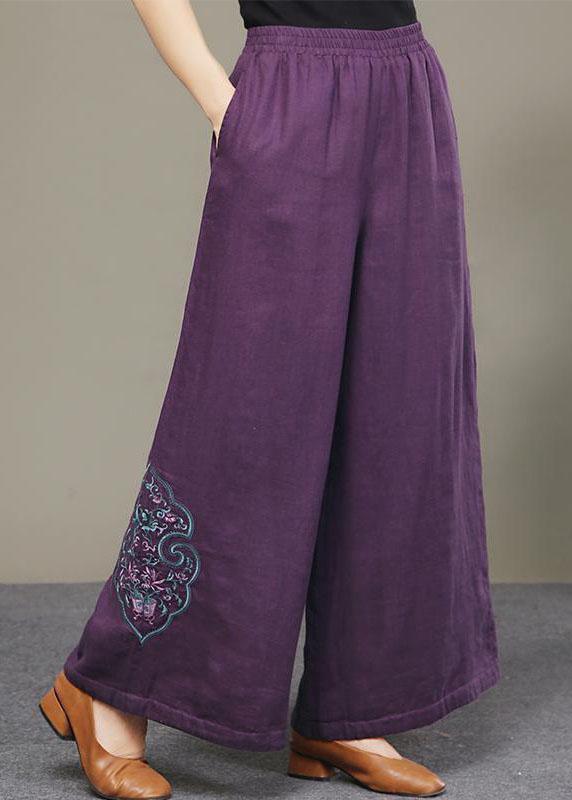 Loose Purple Pockets Embroideried Thick Wide Leg Fall Pant - Omychic