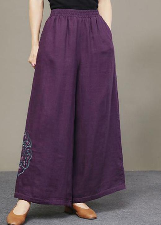 Loose Purple Pockets Embroideried Thick Wide Leg Fall Pant - Omychic