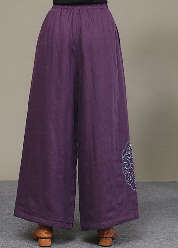 Loose Purple Pockets Embroideried Thick Wide Leg Fall Pant - Omychic