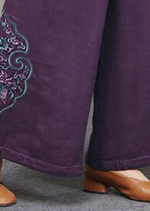 Loose Purple Pockets Embroideried Thick Wide Leg Fall Pant - Omychic