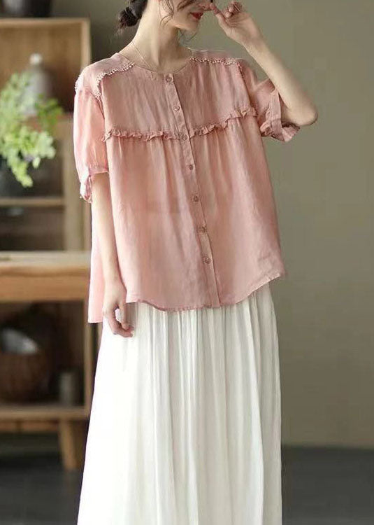 Loose Purple Ruffled Button Patchwork Cotton Shirts Top Summer