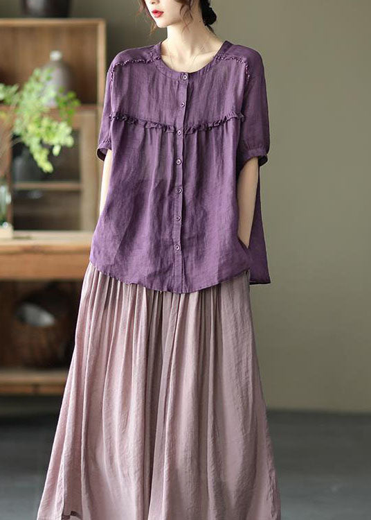 Loose Purple Ruffled Button Patchwork Cotton Shirts Top Summer