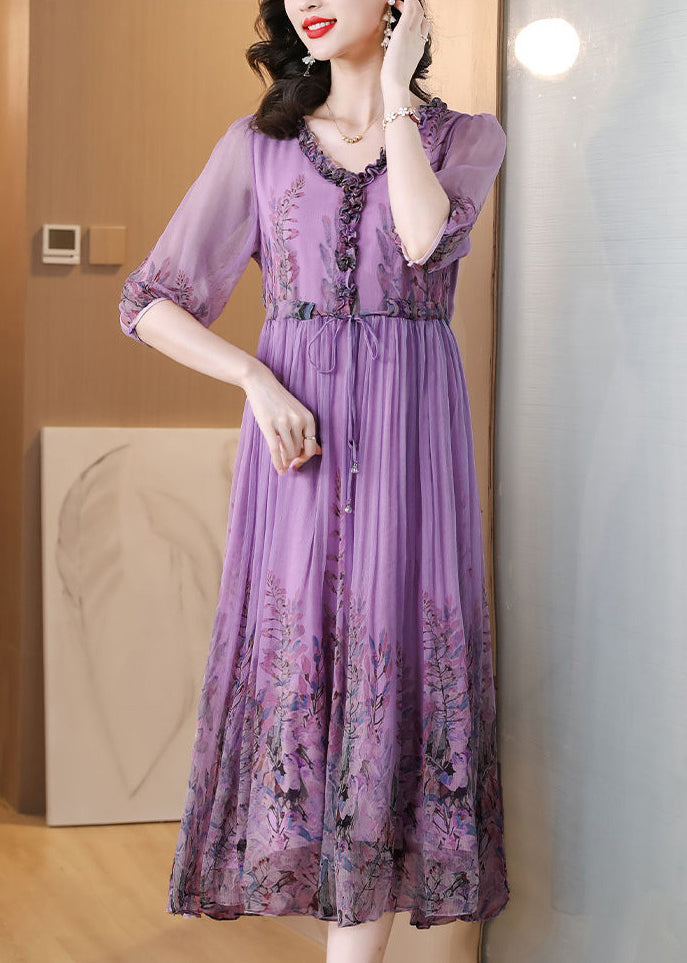 Loose Purple Ruffled Lace Up Print Chiffon Long Dress Half Sleeve