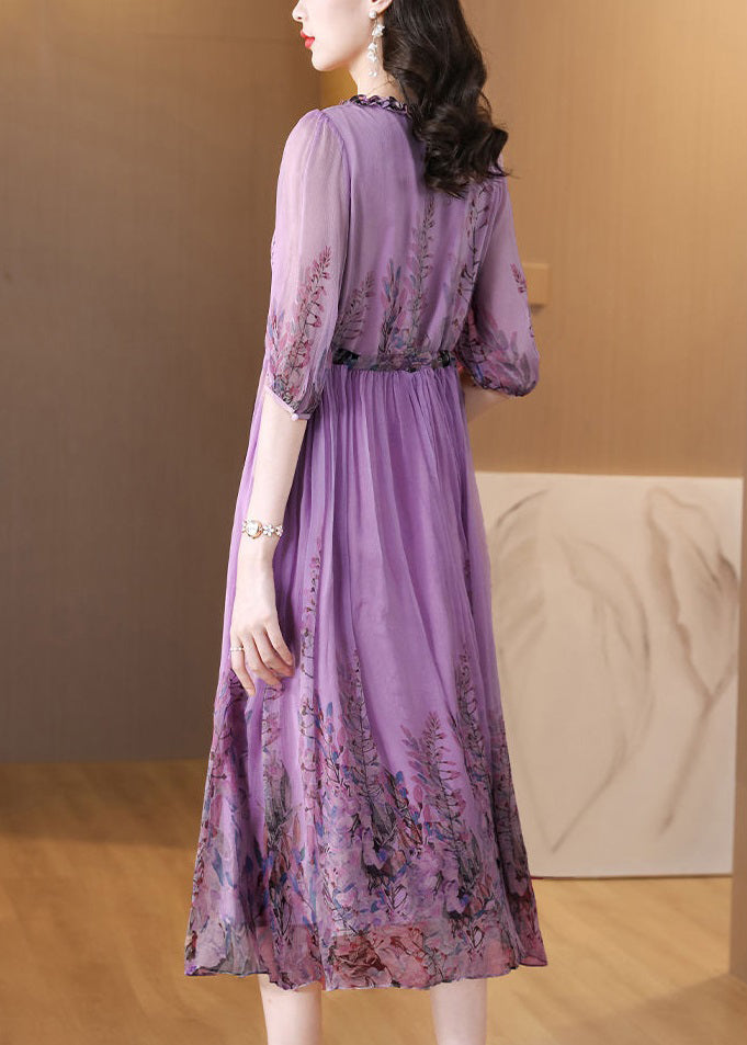 Loose Purple Ruffled Lace Up Print Chiffon Long Dress Half Sleeve