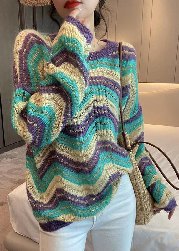 Loose Purple Striped O Neck Hollow Out Patchwork Knit Sweaters Fall