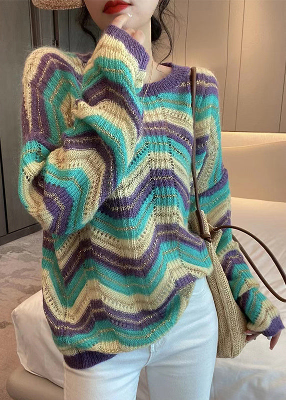Loose Purple Striped O Neck Hollow Out Patchwork Knit Sweaters Fall