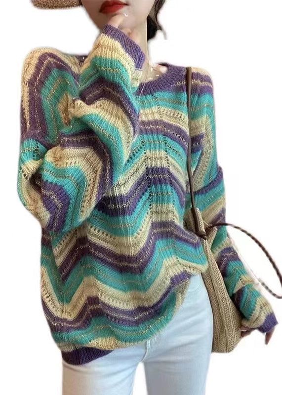 Loose Purple Striped O Neck Hollow Out Patchwork Knit Sweaters Fall