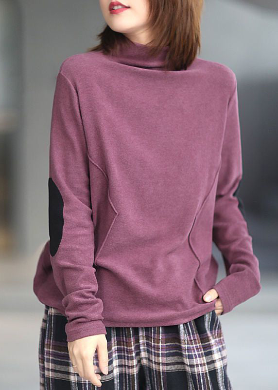 Loose Purple Turtleneck Patchwork Cotton Top Long Sleeve