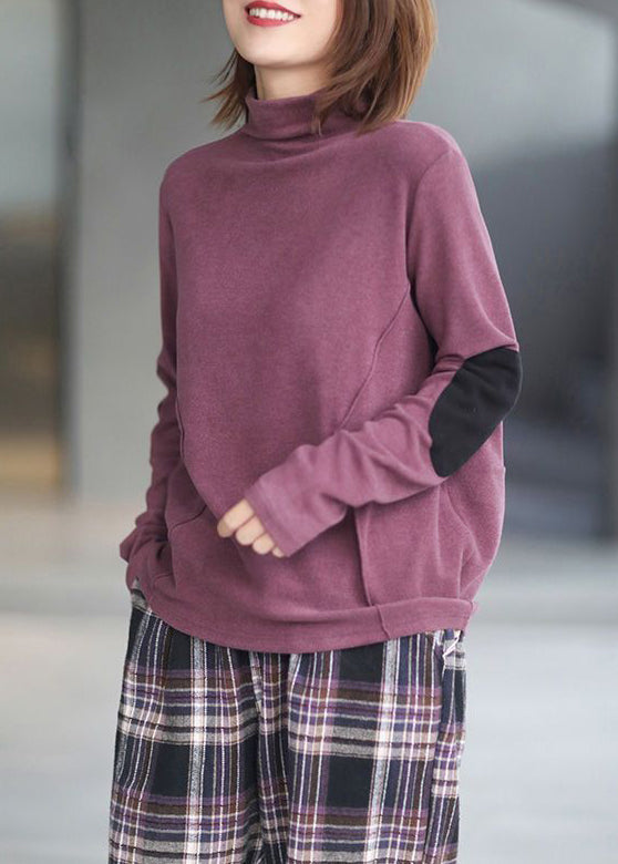 Loose Purple Turtleneck Patchwork Cotton Top Long Sleeve