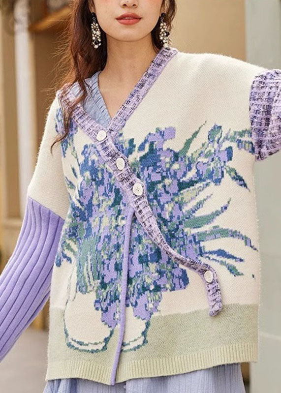 Loose Purple V Neck Floral Button Cotton Knit Sweater Coats Fall