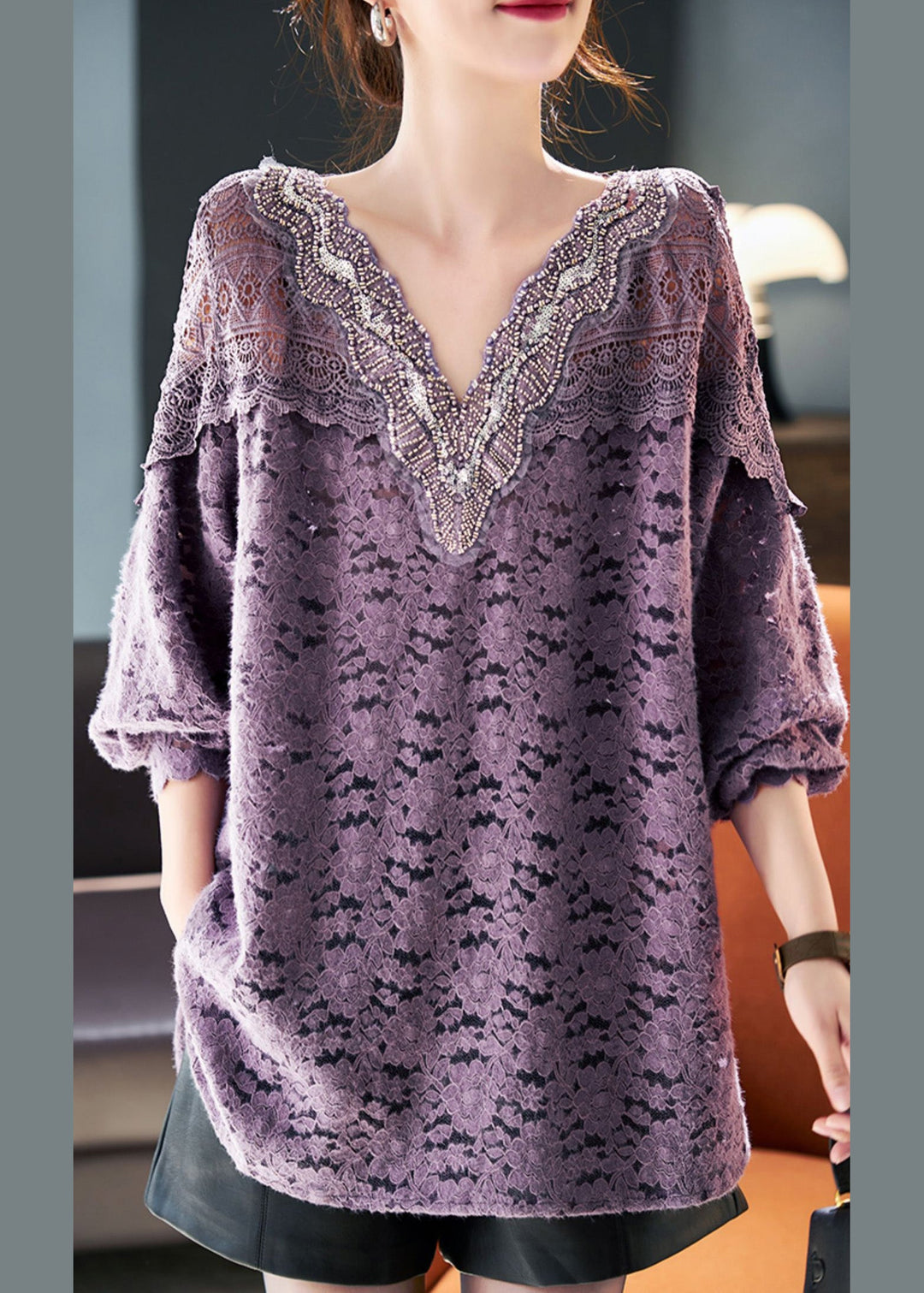 Loose Purple V Neck Nail Bead Hollow Out Lace Top Spring