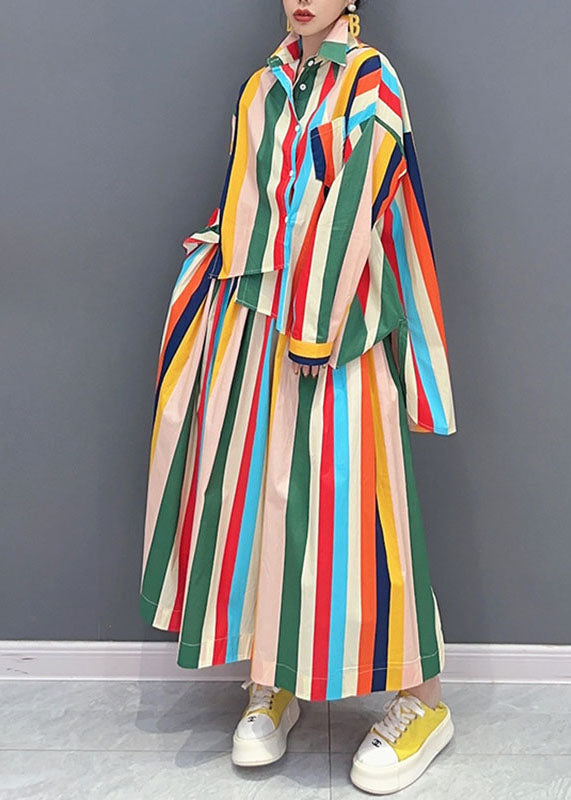 Loose Rainbow Peter Pan Collar Striped Button Shirts And Maxi Skirts Two Piece Set Long Sleeve