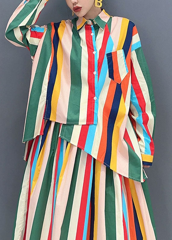 Loose Rainbow Peter Pan Collar Striped Button Shirts And Maxi Skirts Two Piece Set Long Sleeve