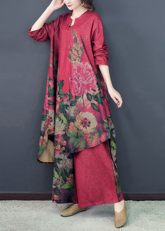 Loose Red Asymmetrical Print Silk Dress And Wide Leg Pants Two Pieces Set Spring