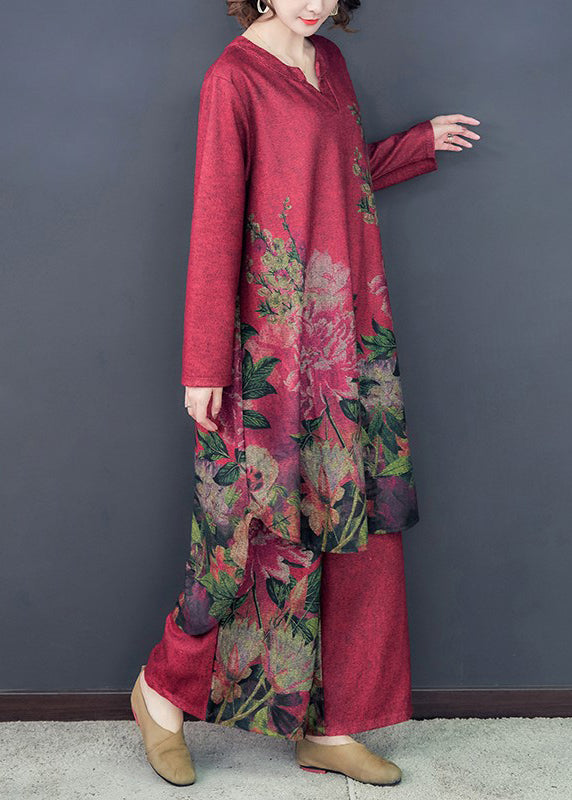 Loose Red Asymmetrical Print Silk Dress And Wide Leg Pants Two Pieces Set Spring