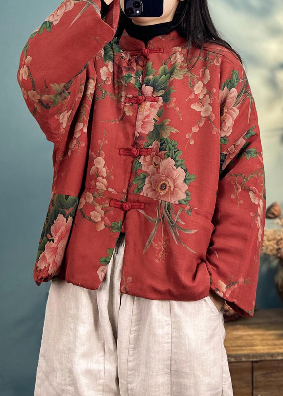 Loose Red Button Print Cotton Filled Coats Long Sleeve