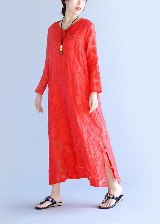 Loose Red Cut Flowers Long O Neck Maxi Spring Dress - Omychic