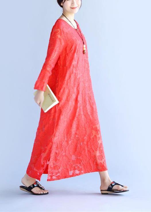 Loose Red Cut Flowers Long O Neck Maxi Spring Dress - Omychic