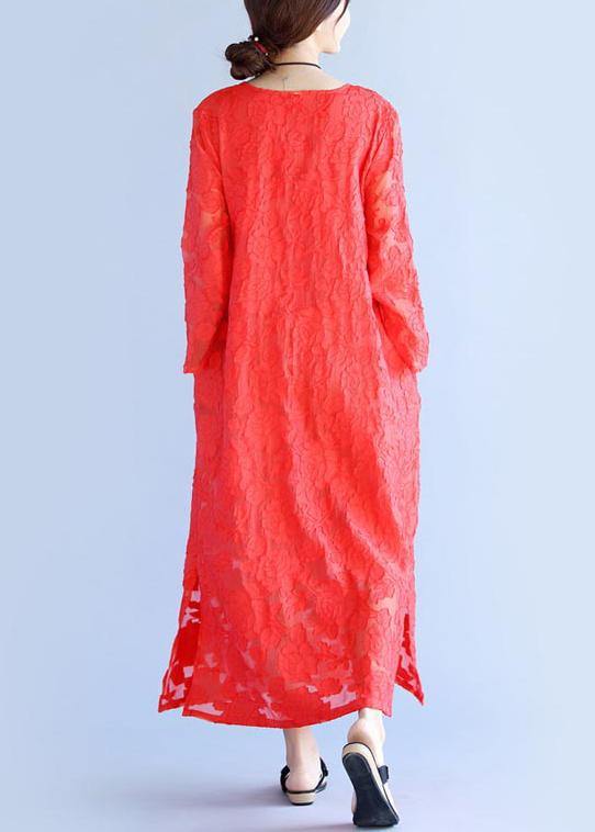 Loose Red Cut Flowers Long O Neck Maxi Spring Dress - Omychic