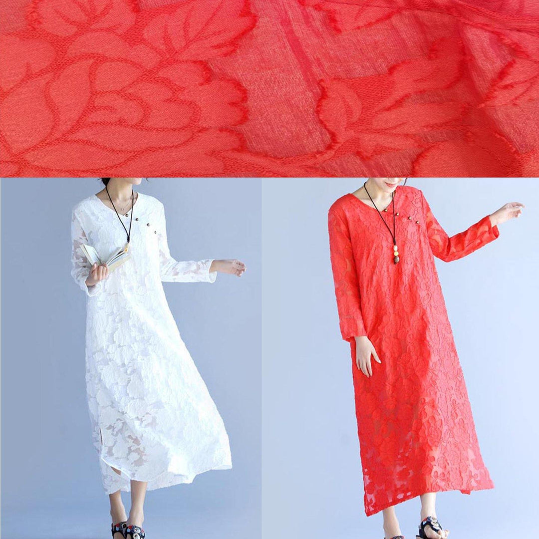 Loose Red Cut Flowers Long O Neck Maxi Spring Dress - Omychic