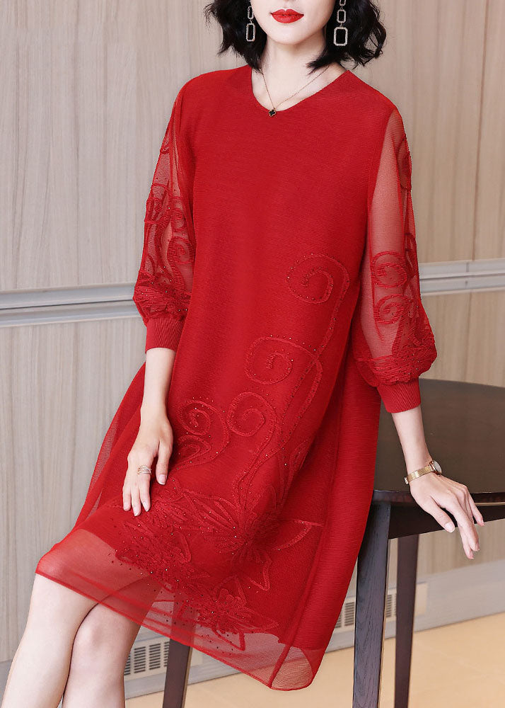 Loose Red Embroideried Nail Bead Tulle Maxi Dresses Fall