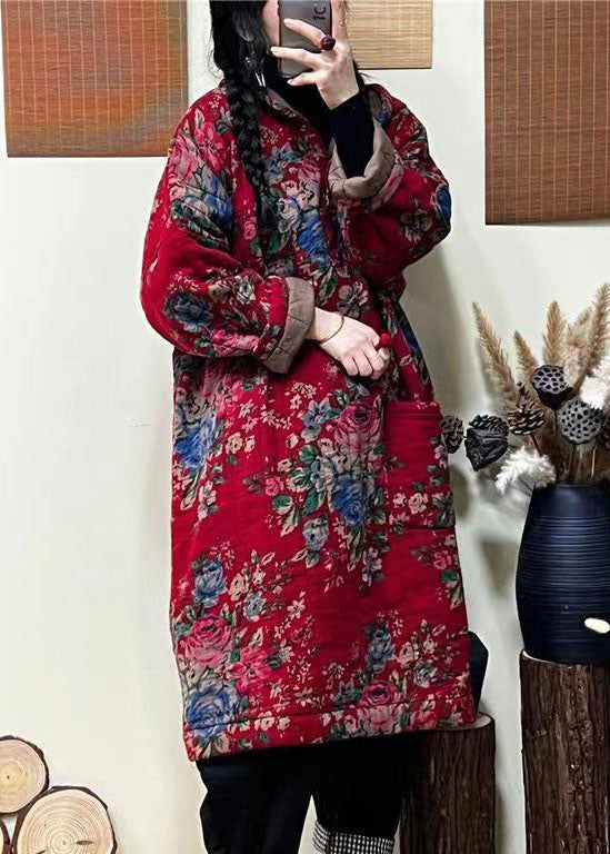 Loose Red Hooded Print Fine Cotton Filled Long Coats Winter