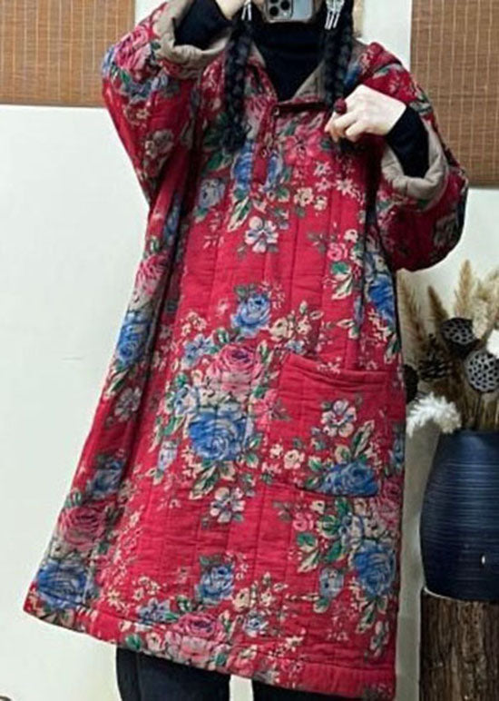 Loose Red Hooded Print Fine Cotton Filled Long Coats Winter