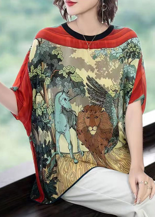 Loose Red O-Neck Animal Print Chiffon Tank Tops Batwing Sleeve