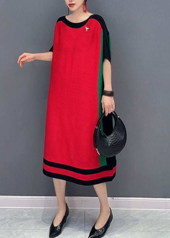 Loose Red O-Neck Knit Sweater Dresses Short Sleeve