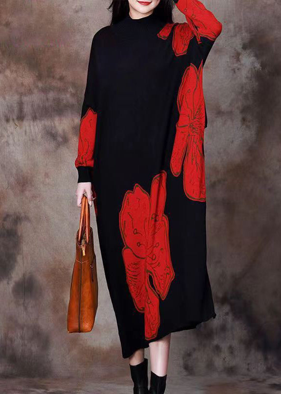 Loose Red O Neck Print Knitting Cotton Long Dresses Spring - Omychic