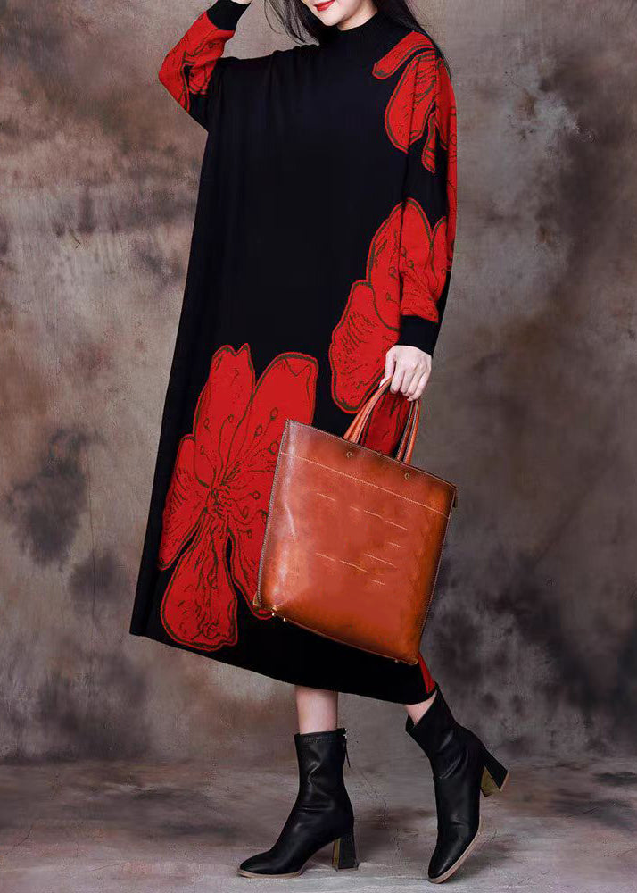 Loose Red O Neck Print Knitting Cotton Long Dresses Spring - Omychic