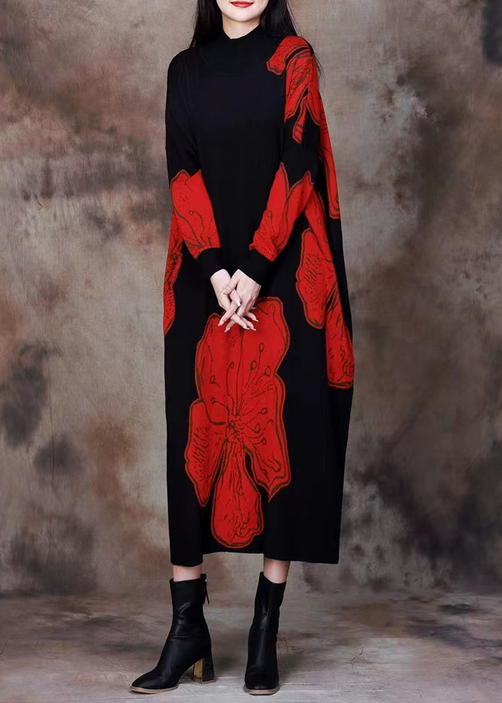 Loose Red O Neck Print Knitting Cotton Long Dresses Spring - Omychic