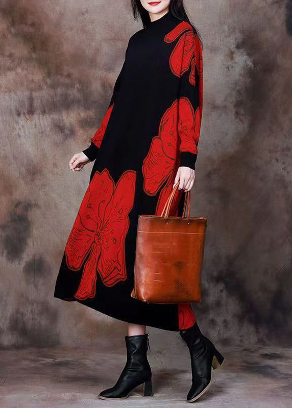 Loose Red O Neck Print Knitting Cotton Long Dresses Spring - Omychic