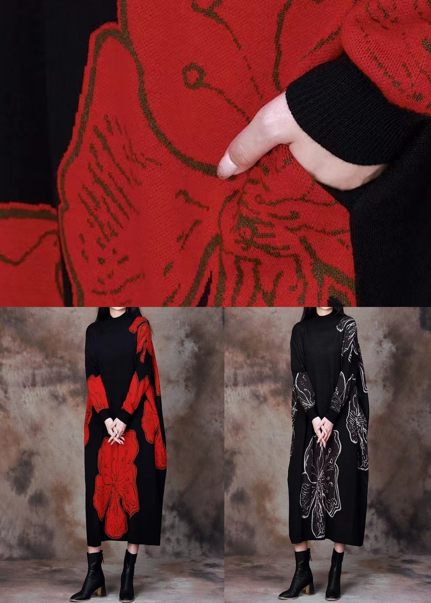 Loose Red O Neck Print Knitting Cotton Long Dresses Spring - Omychic